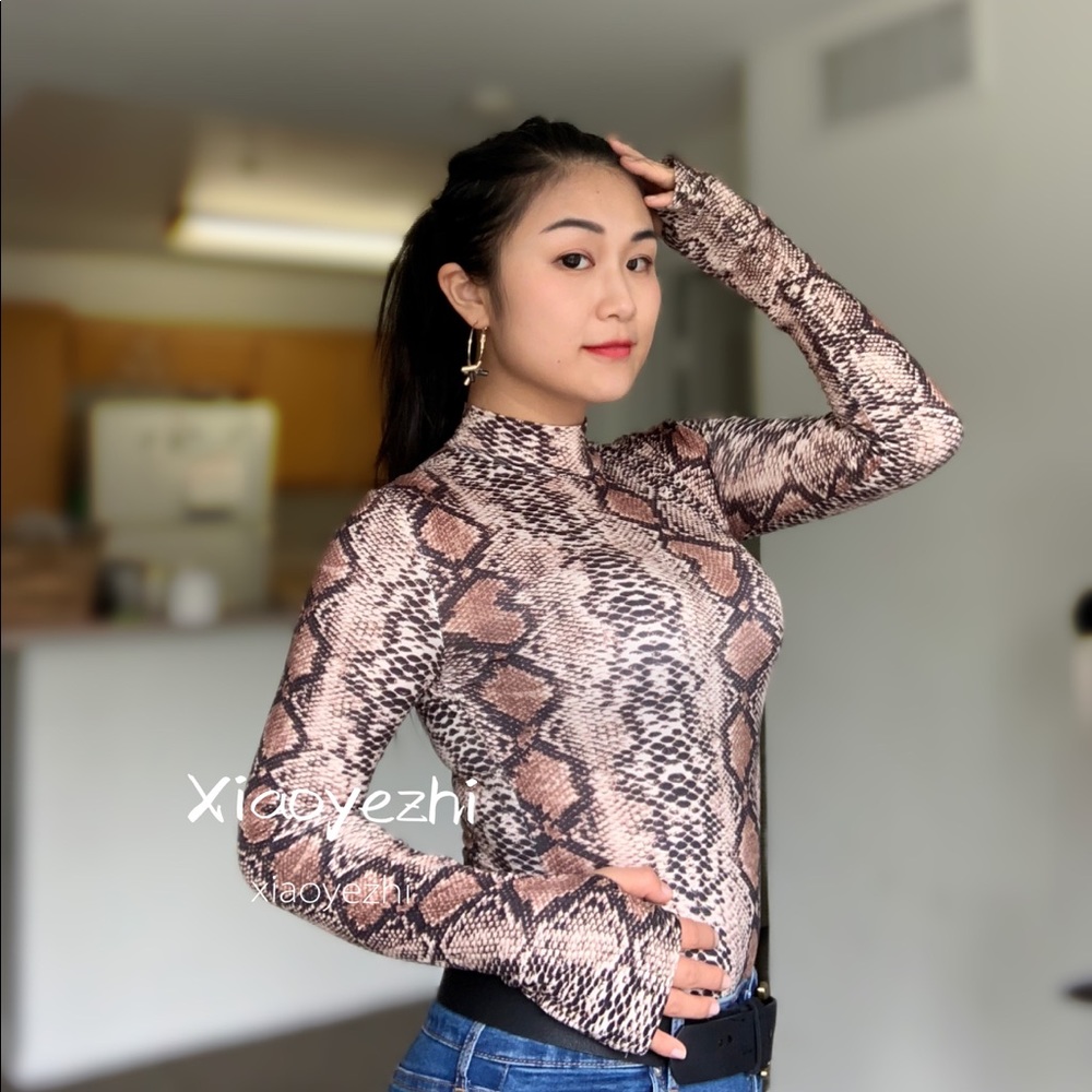 Sexy Snakeskin bodysuit thumb hole turtleneck